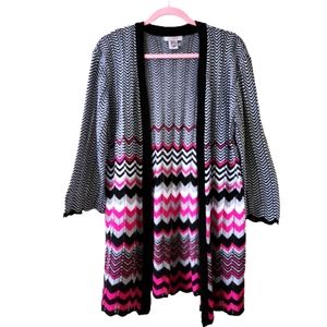 ROZ & ALI Fuchsia White Black Chevron Striped Open Cardigan Large #0300